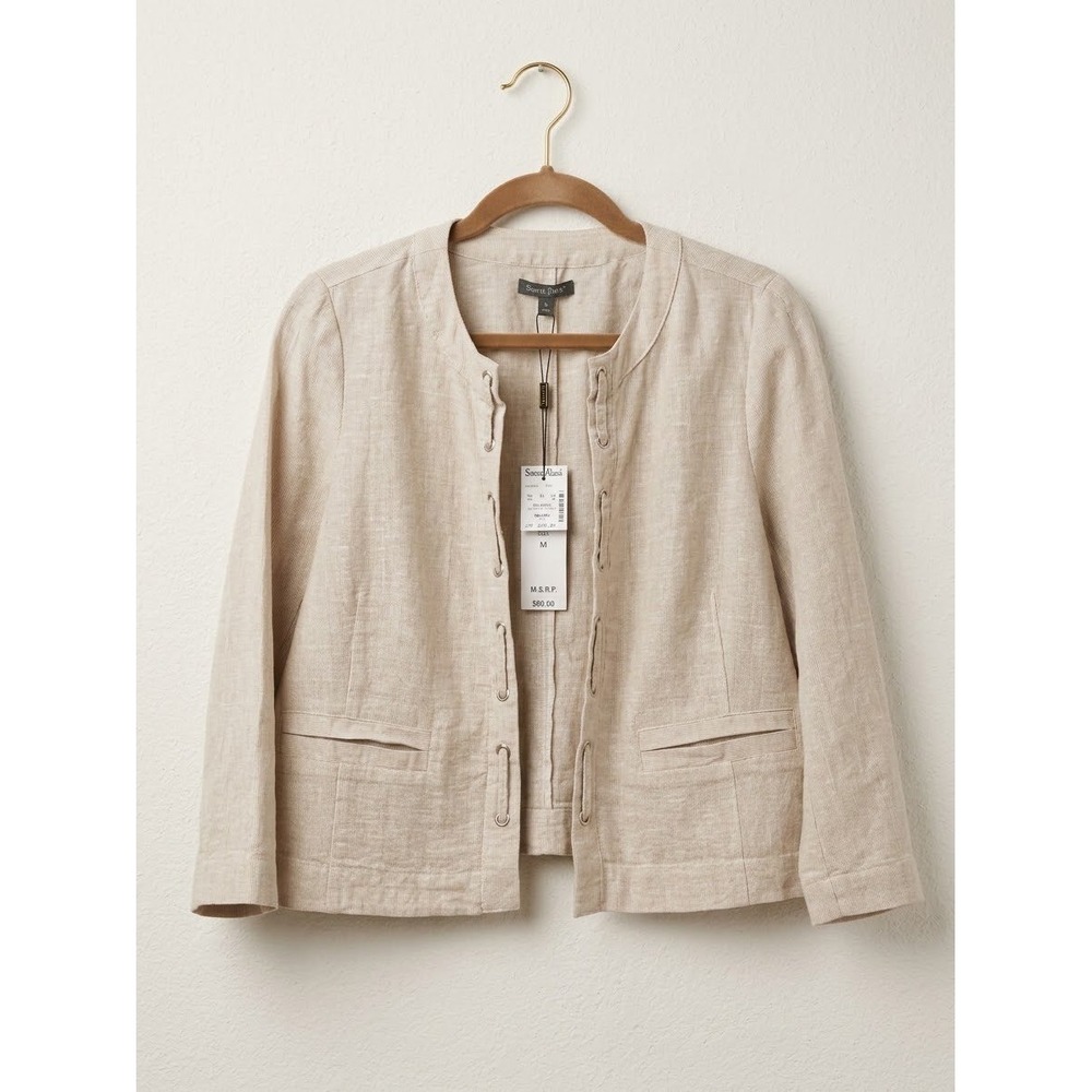 Forcynthia Womens Linen Blend Striped Open Front Jacket Beige White Size M NWT